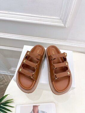 Celine Brown Leather Sandals with Gold Accents